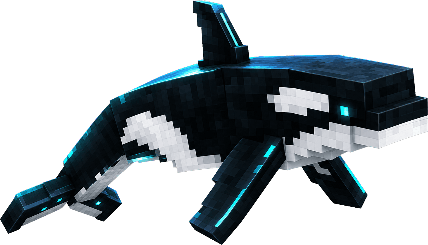 A blocky voxel orca swimming through Orca MCP tool connections